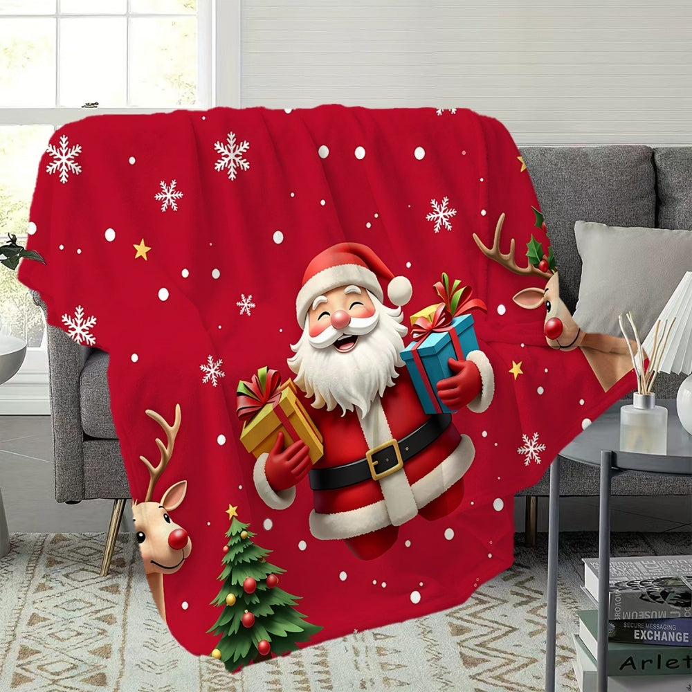 1pc, 1pc Santa Claus and Reindeer Pattern Red Flannel Blanket, Soft, Comfortable, and Warm, Festive Design, Durable Plush Surface, All-season Universal Sofa Blanket, Thermal Throw Blanket, Multiple Sizes Available, Suitable for Living Room Sofas