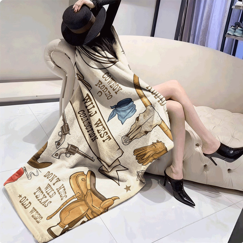 1pc Vintage Wild West Cow Print Flannel Throw Blanket Soft, Cozy, and Stylish Retro Western Decor for Home or Sofa, Machine Washable, Polyester, Perfect for All Seasons, Western Home