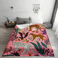 Leopard Print and Tropical Floral Pattern, Animal Lover's Gift, Blanket, Pink Jungle Design, Home Decor, Soft and Comfortable, Multi-purpose