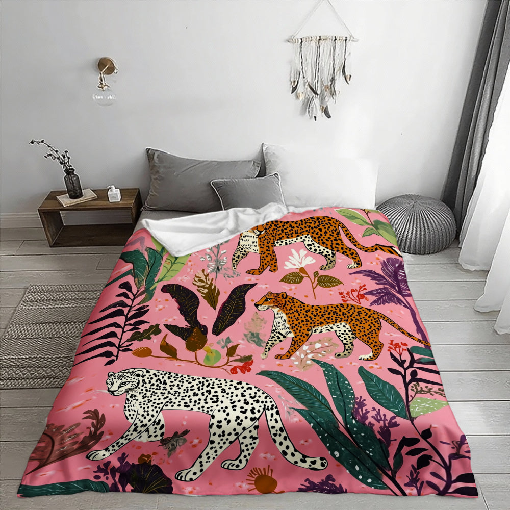 Leopard Print and Tropical Floral Pattern, Animal Lover's Gift, Blanket, Pink Jungle Design, Home Decor, Soft and Comfortable, Multi-purpose