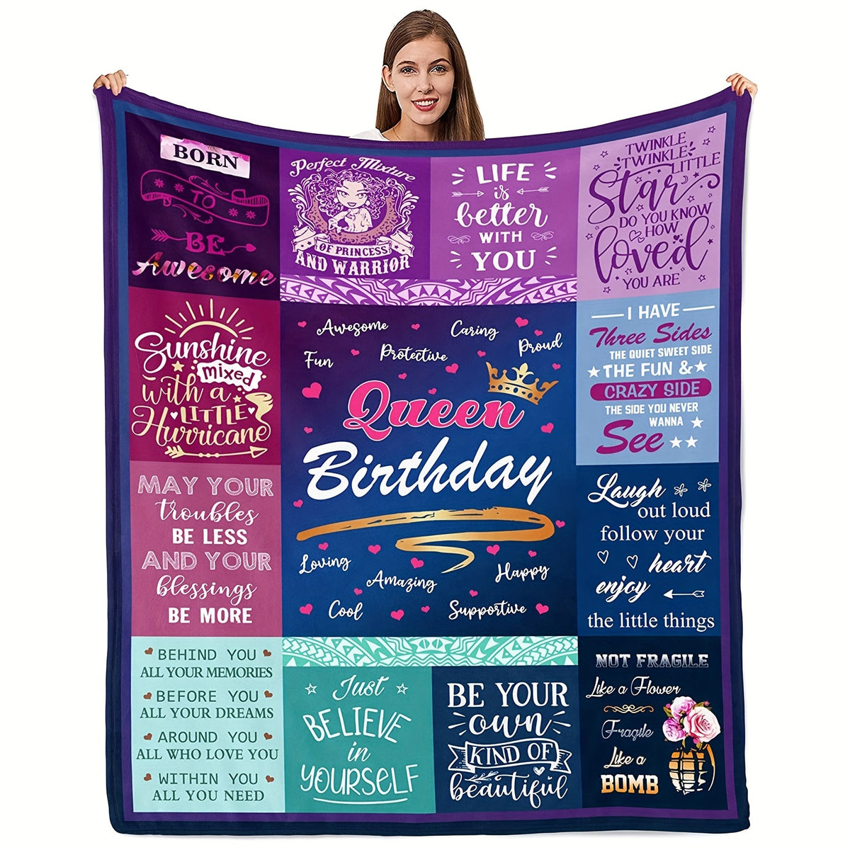 1pc Inspirational Queen Birthday Throw Blanket for Women - Perfect Gift for Daughter, Grandma, Mom, Wife, Girlfriend - All-Season Flannel, Hypoallergenic, Machine Washable with Motivational Phrases & Patterns, Wearable Blanket