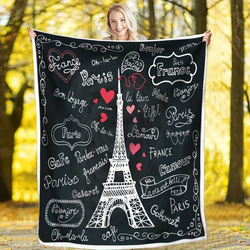 1pc Eiffel Tower with French-Style Romantic Handwritten Font Pattern Flannel Blanket, Soft, Comfortable, and Warm, with a Black Background and White Print Design, Durable Plush Surface, All-season Universal Sofa Throw, Warm Lap Blanket