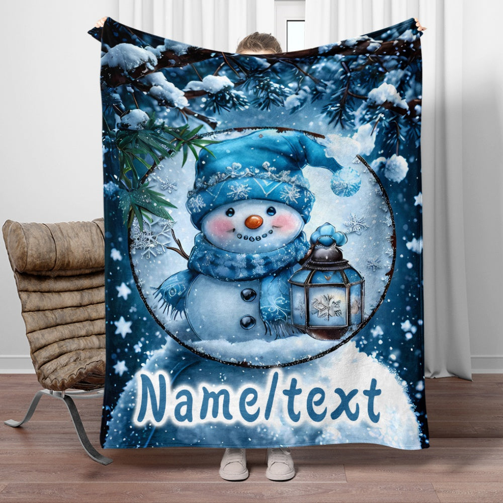 1pc Snowman And Lantern Blue Theme Flannel Oversized Blanket, Winter Holiday Decor Design, Large Plush Throw, Suitable for Festive Home Decoration, Balcony Leisure, Reading Time