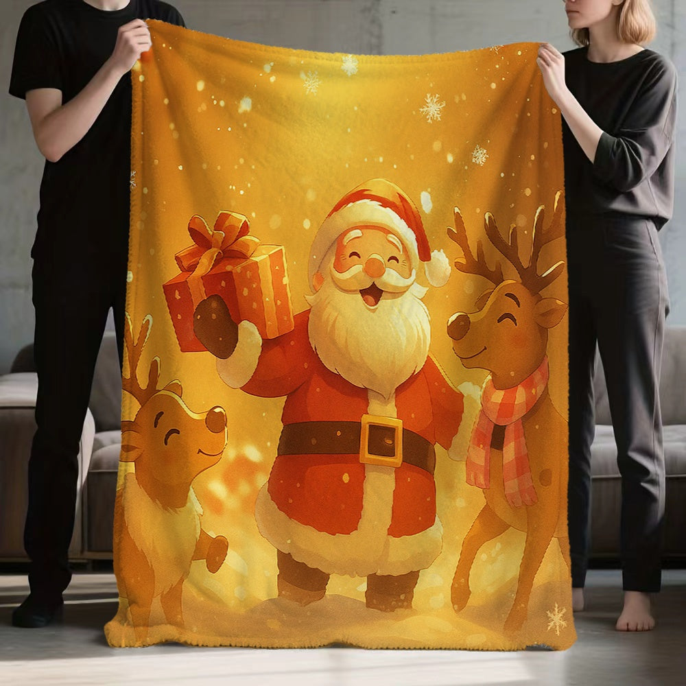 1pc Santa And Reindeer Flannel Blanket, Golden Warm-Toned Design, Durable Plush Warm Throw, Suitable for Office Nap, Weekend Sofa Relaxation, Seasonal Home Use