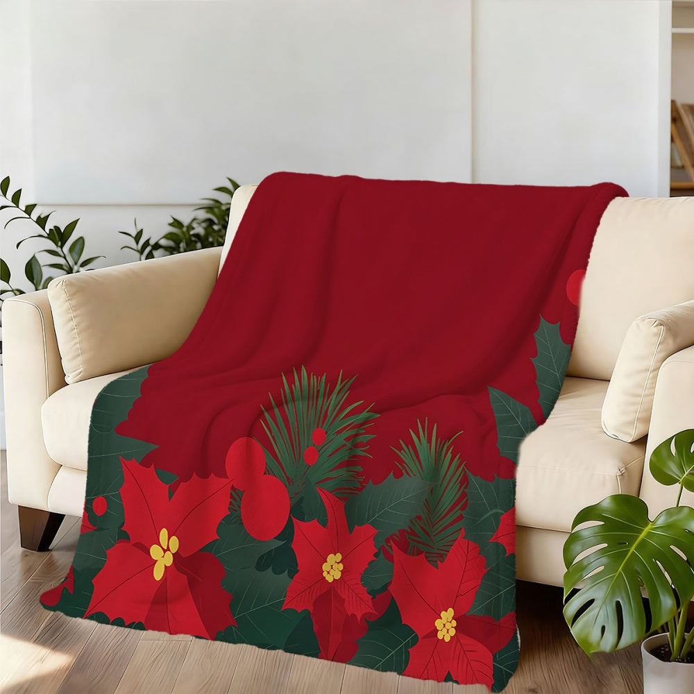 1pc Christmas Floral And Pine Branch Pattern Flannel Blanket, Soft Comfortable Warm, Red Festive Design, All-Season Sofa Blanket, Warm Cover, Multiple Sizes Available, Suitable for Living Room Sofa, Bedroom, Reading Corner, Leisure Time