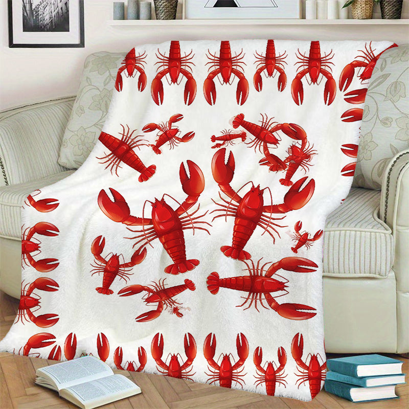 1pc Red Lobster Patterned Blanket, Cartoon Style Design, Soft Plush Surface, Flannel Material Lightweight And Durable, Multiple Sizes Available, Ideal for Holiday Gatherings, Living Room Leisure, Bedroom Warmth, Study Reading, Seasonal Home Decor
