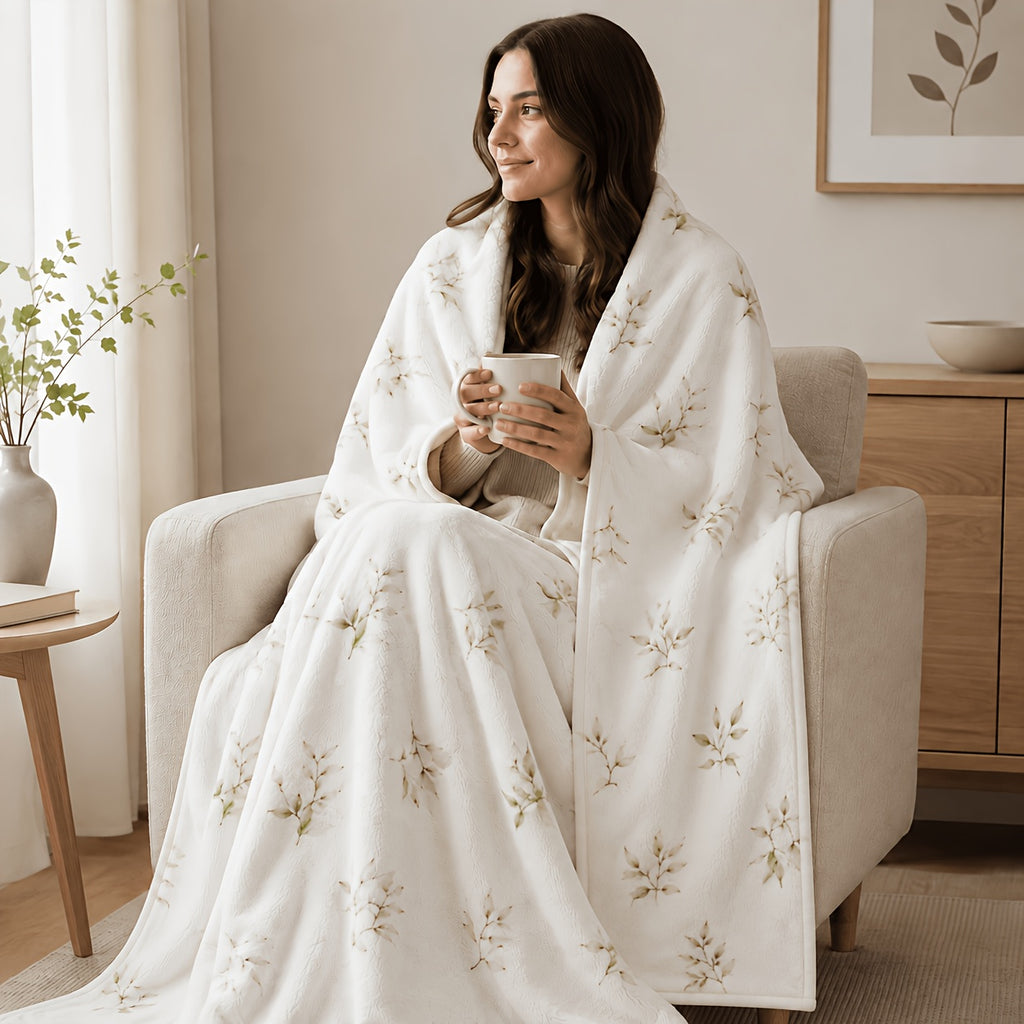 Posters & Prints 2D Flat, Light Olive Fine Leaf Simple Blanket Warm White Green Leaves Living Room Sofa Bedroom Lunch Break Air Conditioning Blanket, 2D Flat