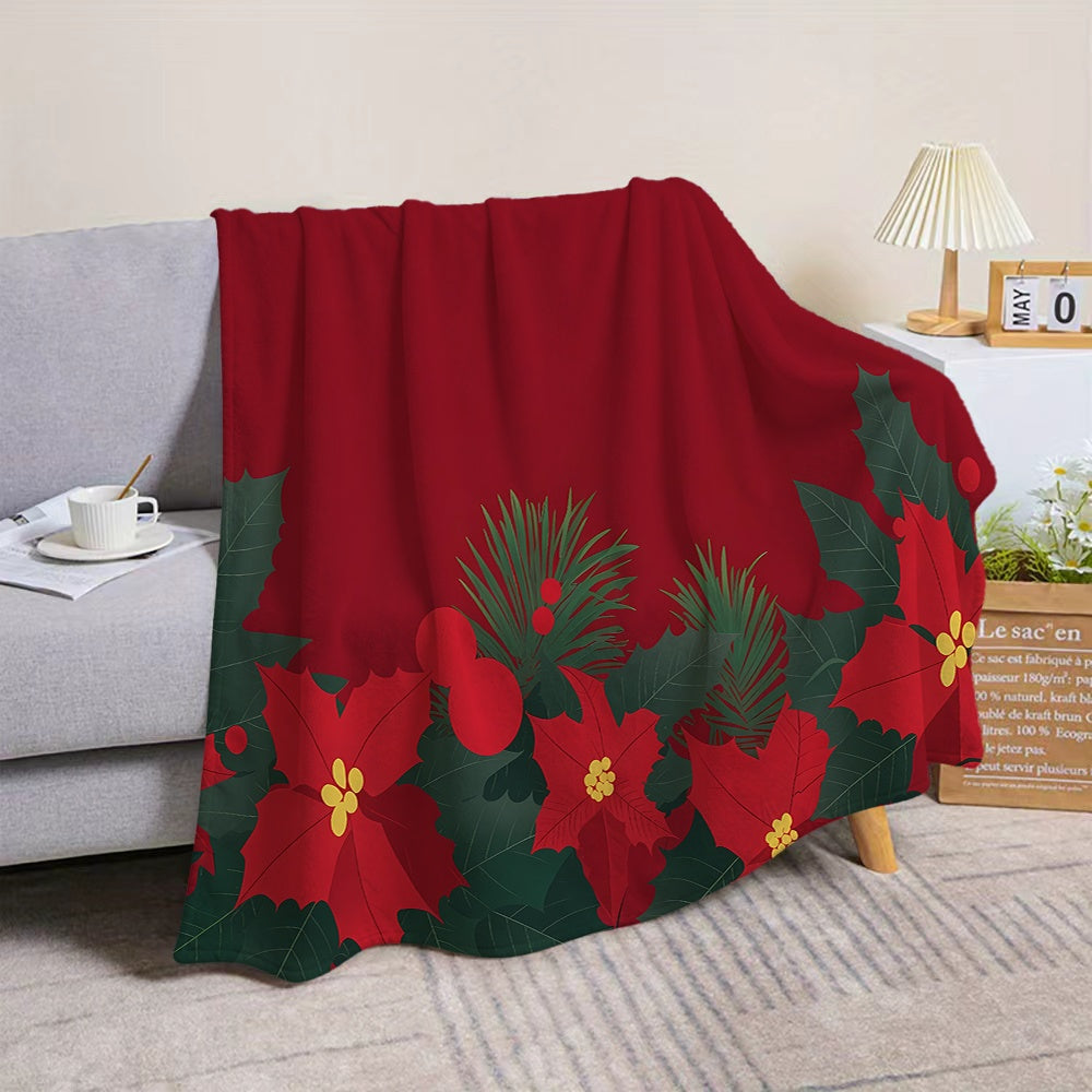 1pc Christmas Floral And Pine Branch Pattern Flannel Blanket, Soft Comfortable Warm, Red Festive Design, All-Season Sofa Blanket, Warm Cover, Multiple Sizes Available, Suitable for Living Room Sofa, Bedroom, Reading Corner, Leisure Time