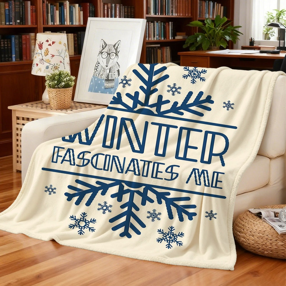 1pc Winter Snowscape And "WINTER FASCINATES ME" Theme Cream Beige Flannel Blanket, Blue Snowflake Pattern Design, Soft Plush All-Season Use, Suitable for Reading Time, Weekend Sofa Naps, And Living Room Sofa Cover
