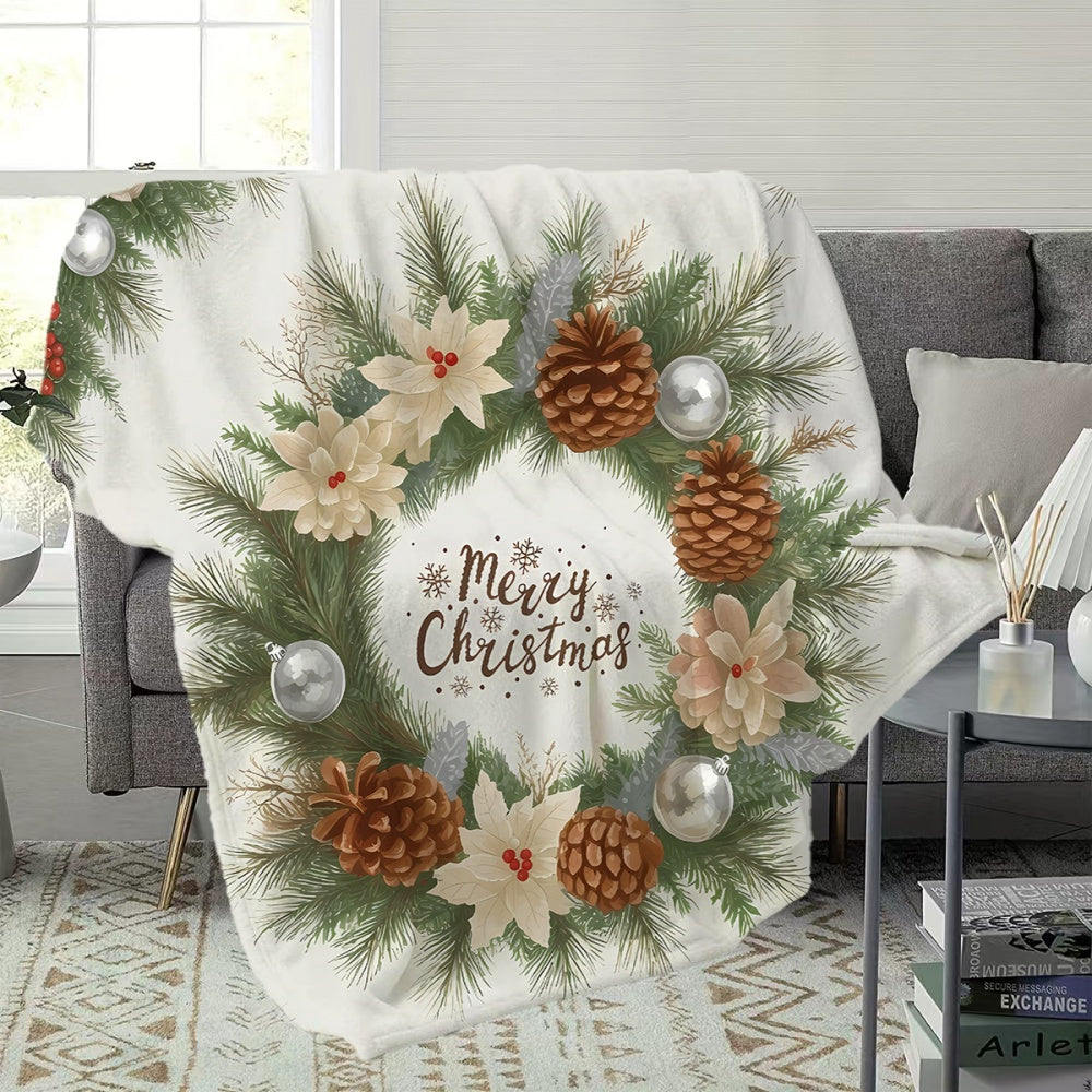 1 Christmas Wreath Patterned Blanket, Soft, Comfortable, and Warm, with a White and Green Design. A Four-season Universal Throw, a Warm Lap Blanket, Available in Multiple Sizes. Suitable for Living Room Sofas, Bedroom, Leisure Reading
