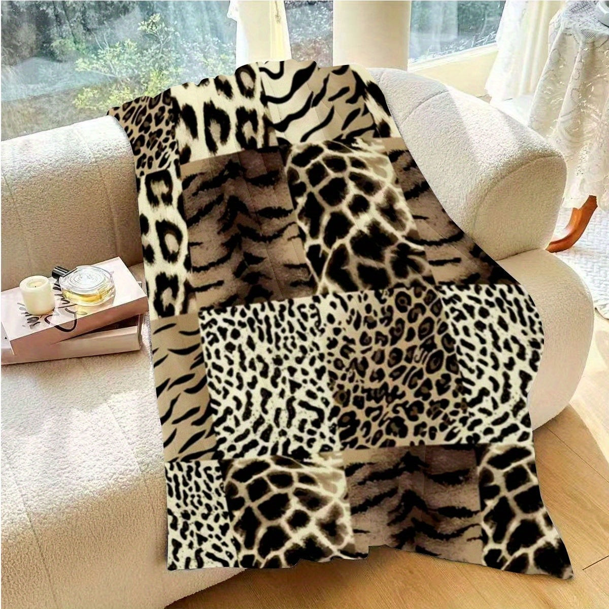 1pc 2D Flat-printed Leopard and Tiger Stripe Patchwork Blanket, Soft Flannel Throw, Beige and Black Design, All-season Warm Cover Blanket, Suitable for Living Room Sofas, Bedroom, Office Breaks, Outdoor Picnics, and Camping, 2D Flat