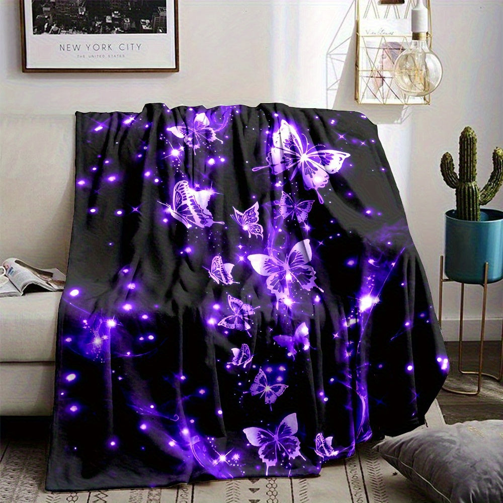 Glow-in-the-Dark Purple Butterfly Flannel Blanket - UV Glow Bedspread Suitable for Bed, Couch, Dorm - 280gsm All-Season Soft Throw with & Purple Glow Under Blacklight, Nighttime Comforter