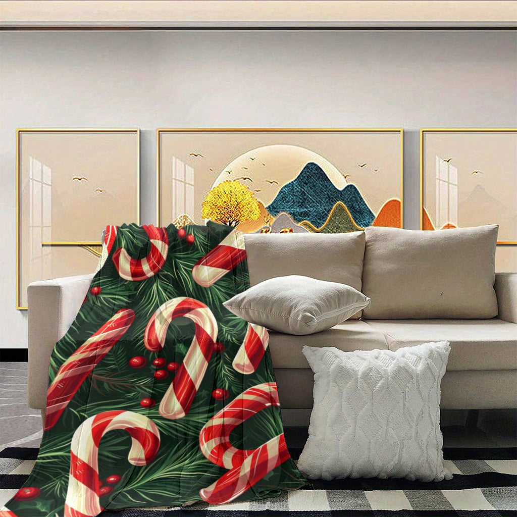 Christmas Candy Cane Theme Digital Printed Flannel Blanket - 100% Fiber, Suitable for Light and Warm Adaptation in All Seasons, Shop, Sofa and Other Scenes