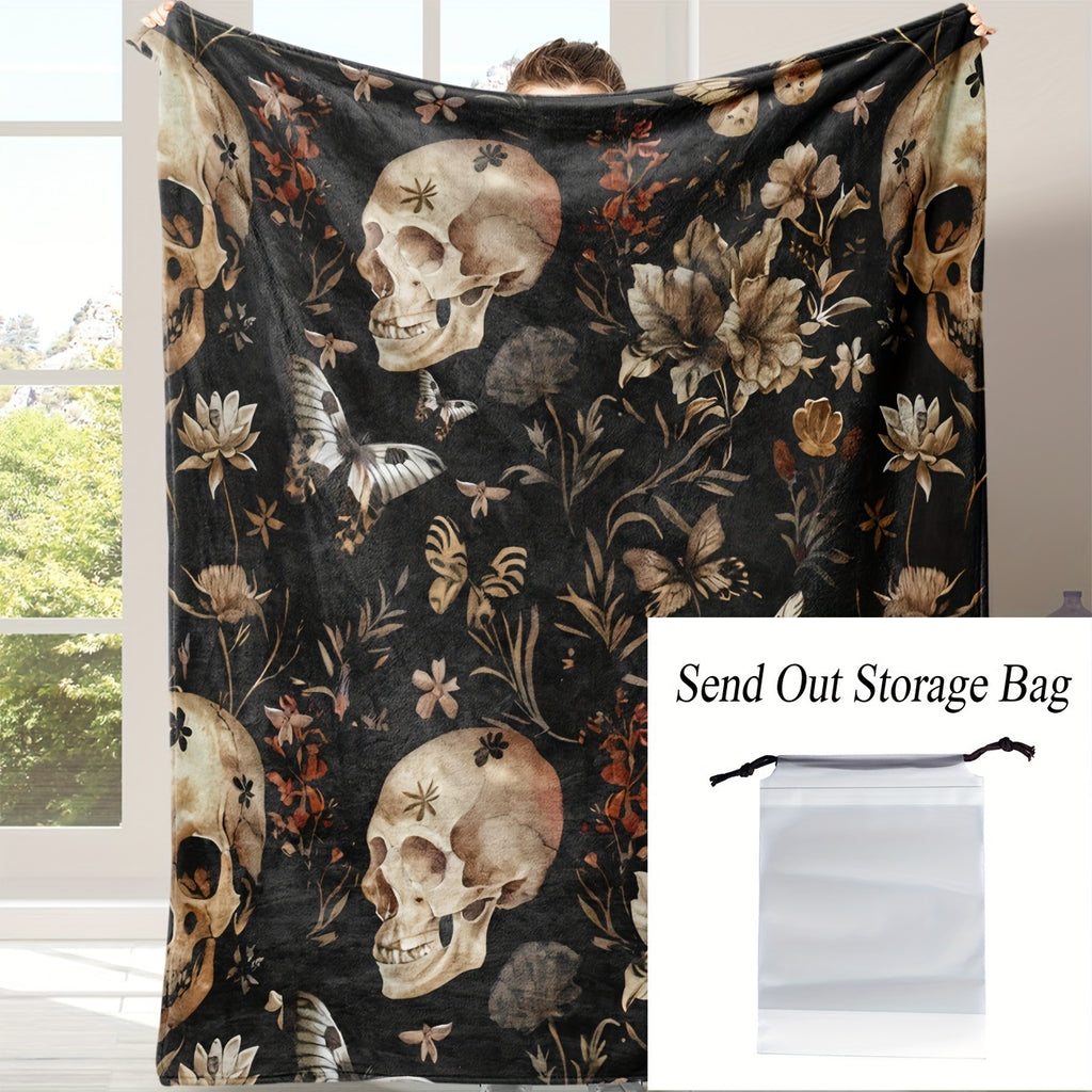 Skull& Floral Flannel Throw Blanket- Soft, Warm, and Cozy for Couch,, Travel, and Office- Versatile All-Season Gift