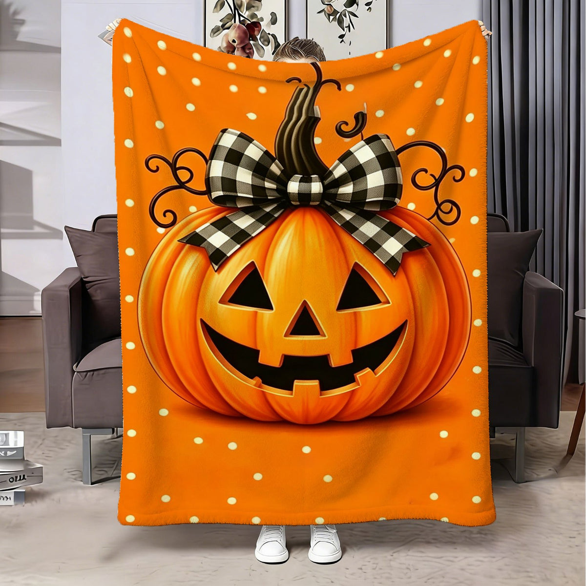 Halloween Fleece Blanket, Soft And Comfortable Throw, Enormous Pumpkin Pattern, Suitable for Office, Sofa, Living Room, Warm Decorative Item, Home Holiday Decor Gift
