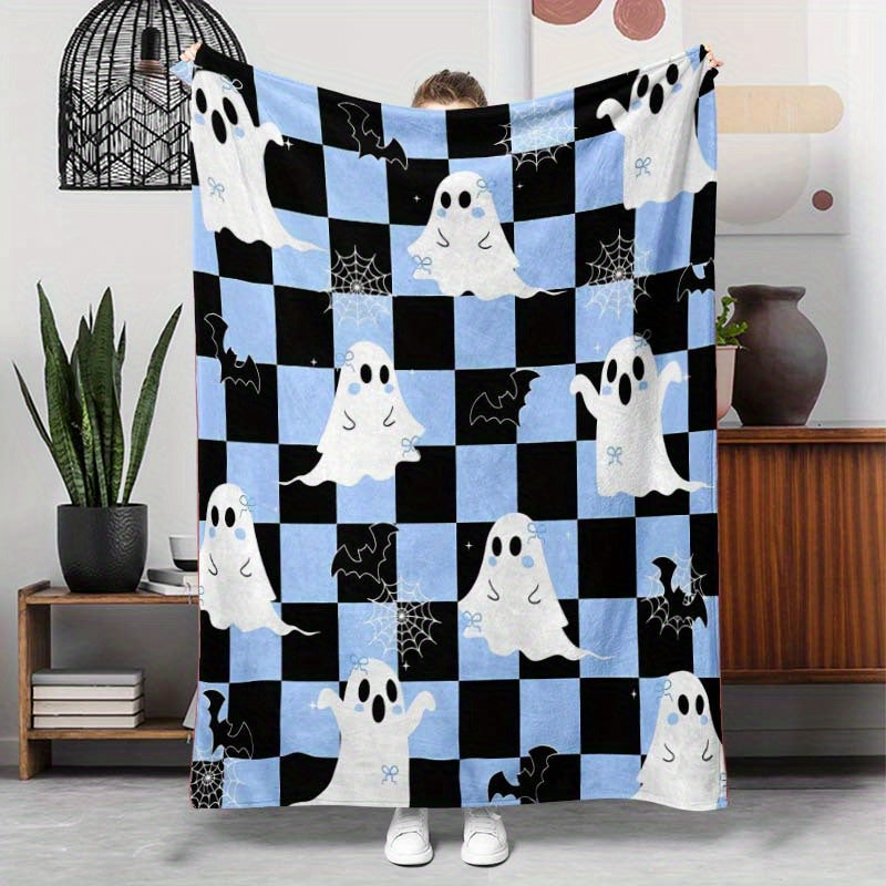 1pc 2D Printed Flannel Halloween-themed Blanket with and Plaid Print Design¡ªsoft, Warm, and Cozy, Lightweight and Durable, Available in Multiple Sizes, Perfect for Halloween Parties, Holiday Decorations, Living Room Lounging, and Bedroom Warmth.