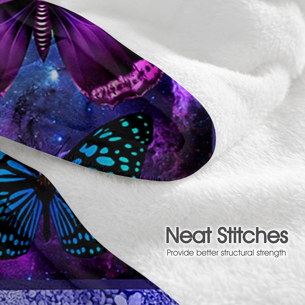 Purple Butterfly Flannel Blanket- Modern Style Reversible Digital Print Animal Theme, Suitable for All Seasons, Multifunctional Microfiber Bedding, Machine Washable- Moon Palace