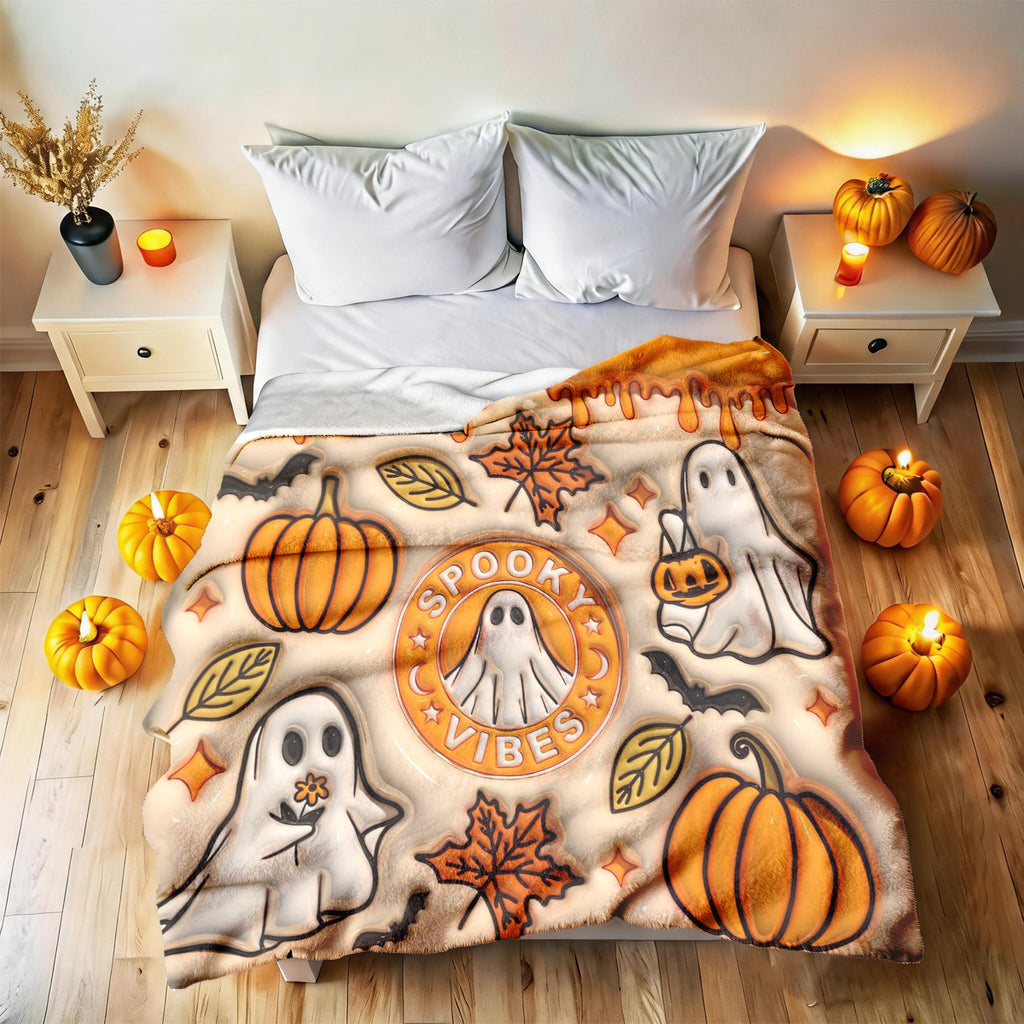 1pc 3D Embossed Ghost Pumpkin Maple Leaf Halloween Theme Flannel Blanket - Large Size, Soft, Lightweight, And Warm, Suitable for All Seasons - Perfect for Bed, Sofa, Office, Camping, And Travel - Ideal Choice for Blankets, Perfect Gift for Family