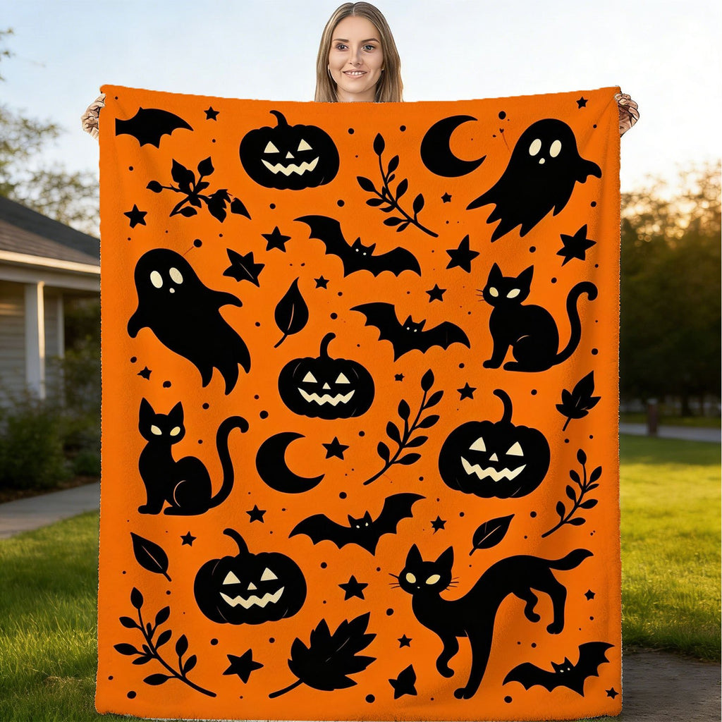 Halloween Fleece Blanket, Soft And Comfortable Throw, Pumpkin Cat Bat Pattern, Suitable for Office, Sofa, Living Room, Warm Decorative Item, Home Holiday Decor Gift
