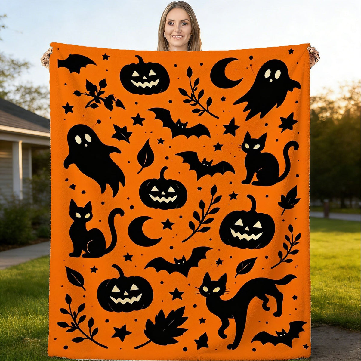 Halloween Fleece Blanket, Soft And Comfortable Throw, Pumpkin Cat Bat Pattern, Suitable for Office, Sofa, Living Room, Warm Decorative Item, Home Holiday Decor Gift