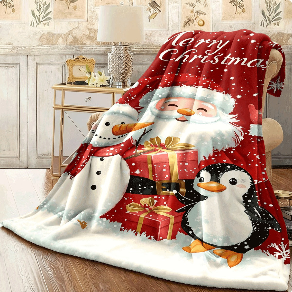 One Cozy Fleece Blanket Featuring Santa, a Snowman, And a Penguin, Made of Soft And Warm Polyester. Perfect for Naps, Camping, Travel, Office Use, And Home Decoration. an Ideal Holiday Gift