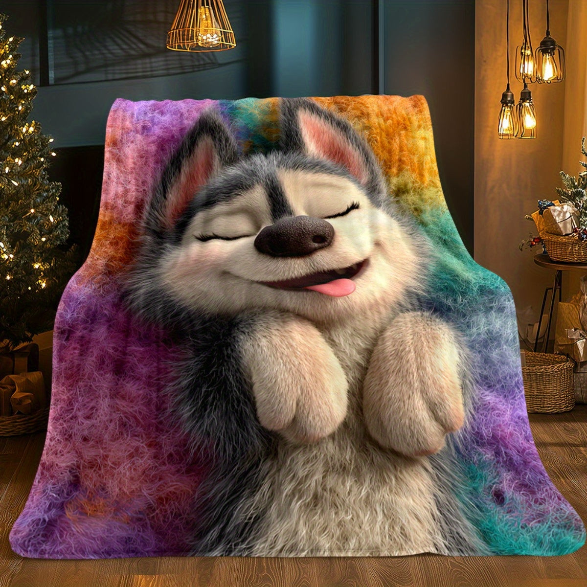 1pc Joyful Husky Print Blanket - Soft Polyester, All-Season Comfort Blanket for Home, Office, Travel, Camping | Vibrant Color Design, Camping Blanket|Playful Dog Design|Polyester Fiber, Husky