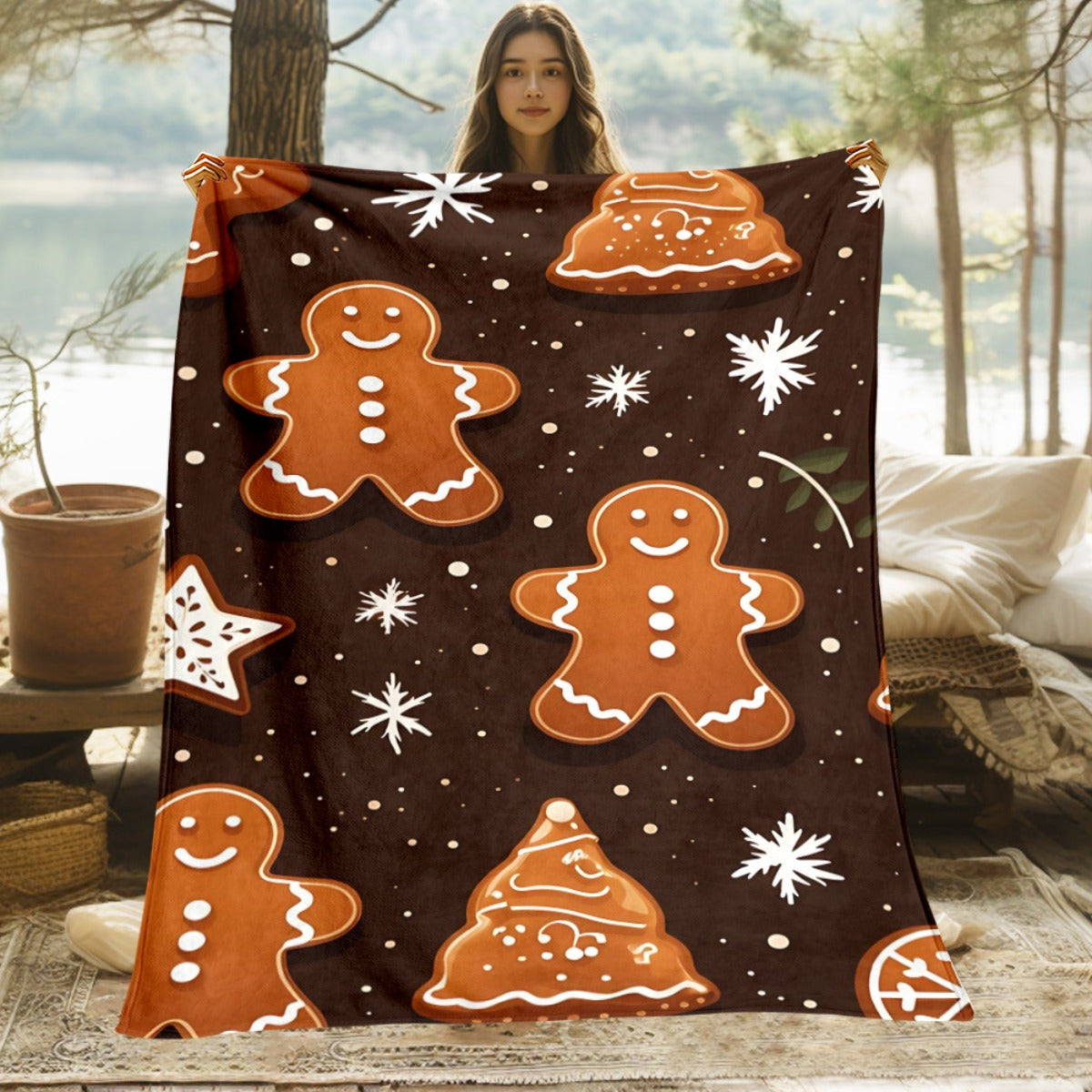 1pc Gingerbread for Man and Snowflake Christmas Themed Brown Flannel Large Blanket, Holiday Decorative Design, Large Plush Throw Blanket, Suitable for Weekend Sofa Naps, Bedroom Bed Use, and Seasonal Home Use