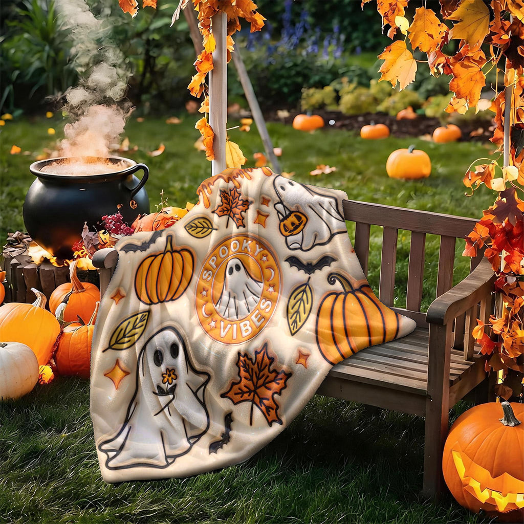 1pc 3D Embossed Ghost Pumpkin Maple Leaf Halloween Theme Flannel Blanket - Large Size, Soft, Lightweight, And Warm, Suitable for All Seasons - Perfect for Bed, Sofa, Office, Camping, And Travel - Ideal Choice for Blankets, Perfect Gift for Family