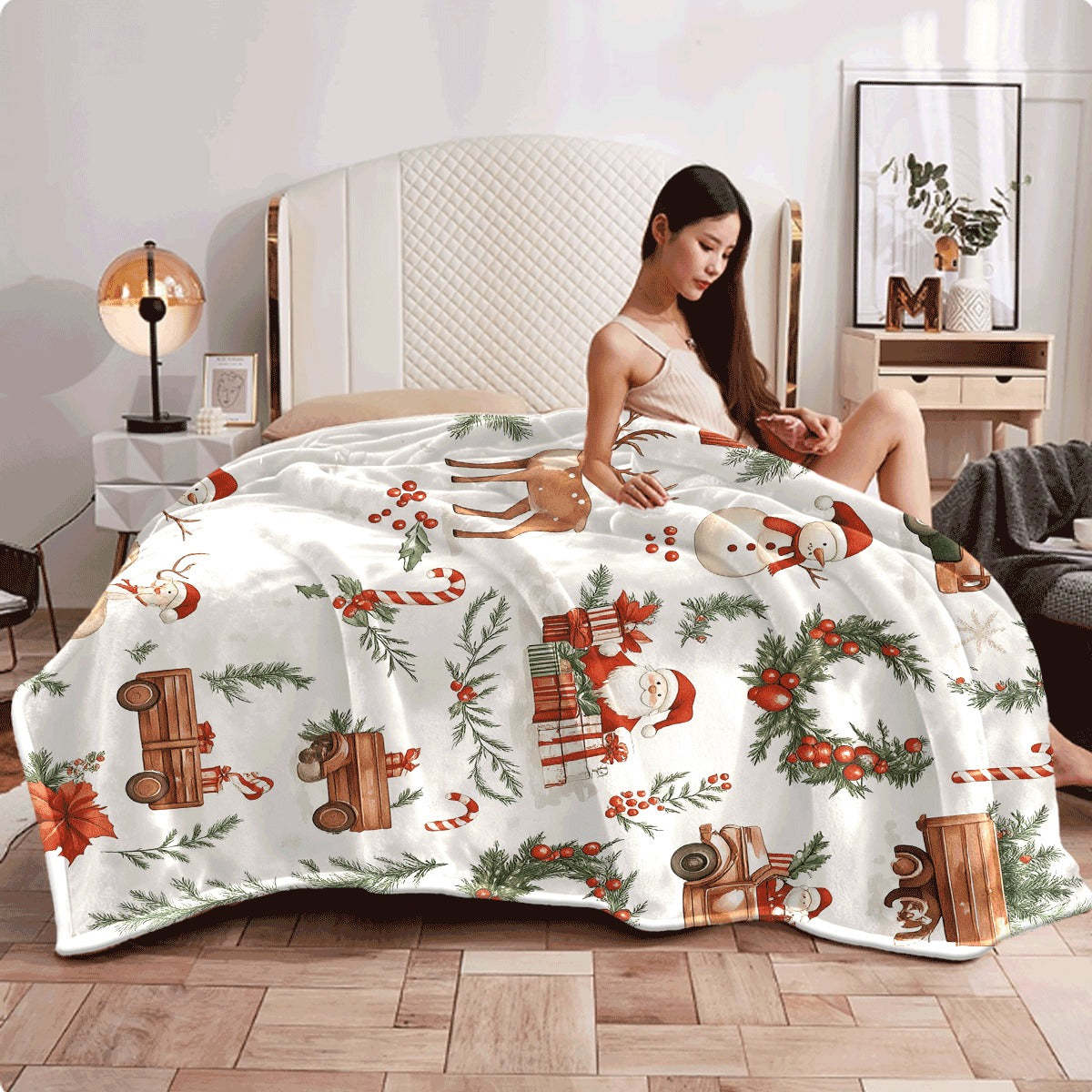 1pc Cozy Christmas-Themed Flannel Throw Blanket Soft Lightweight And Warm for Sofa Travel And Camping Festive Digital Print Design Perfect for Holiday Gifting