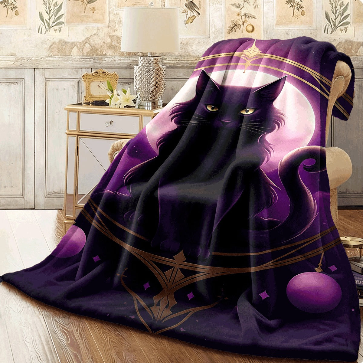1pc Purple Mysterious Cat Blanket for Home- Lightweight Flannel Throw for Sofa Travel Camping Livingroom Office Couch Chair And Digital Printing Fleece Blanket with Soft And War