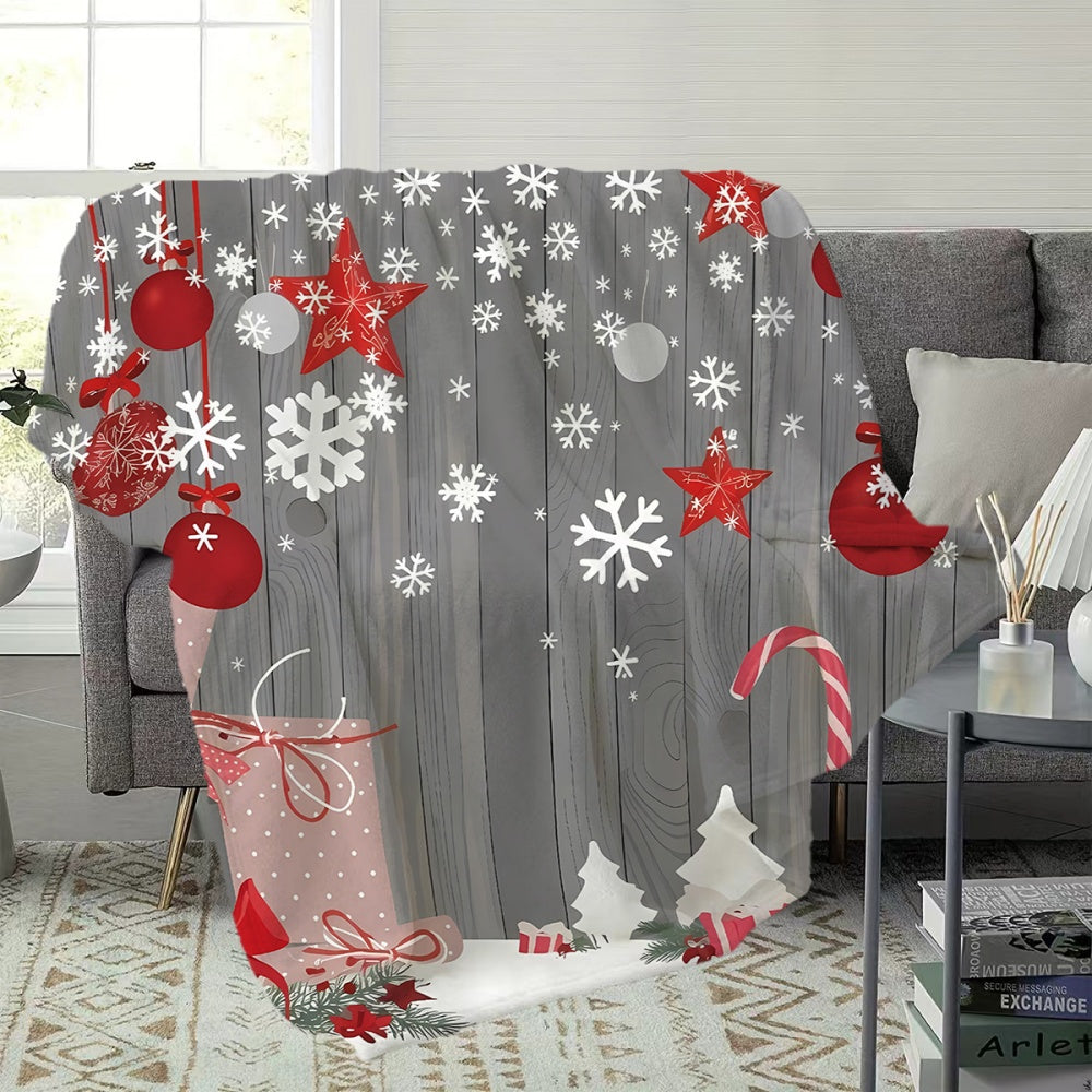 1pc Christmas Red And White Snowflake Pattern Flannel Blanket, Soft Comfortable Warm, Gray Wood Grain Design, All-Season Sofa Blanket, Warm Throw Blanket, Multiple Sizes Available, Suitable for Living Room Sofa, Bedroom, Reading Corner