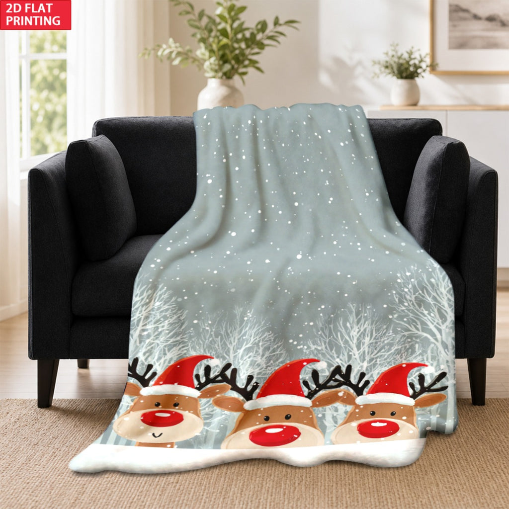 1pc of Large Flannel Blanket in Light Green with a Christmas Reindeer Wearing a Red Hat Pattern, Available in Multiple Full-body Sizes. Features a Christmas Winter Decorative Design, Suitable for Soft Furnishings at the Foot of the Bed