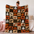 1pc Autumn Farmhouse Style Halloween Flannel Throw Blanket, Cream Plaid with Orange Pumpkins, Cute Ghosts, and Black Bats, Adorned with Vintage Floral Patterns, Suitable for Living Room, Bedroom, Dorm, Naps, Travel, and Daily Use