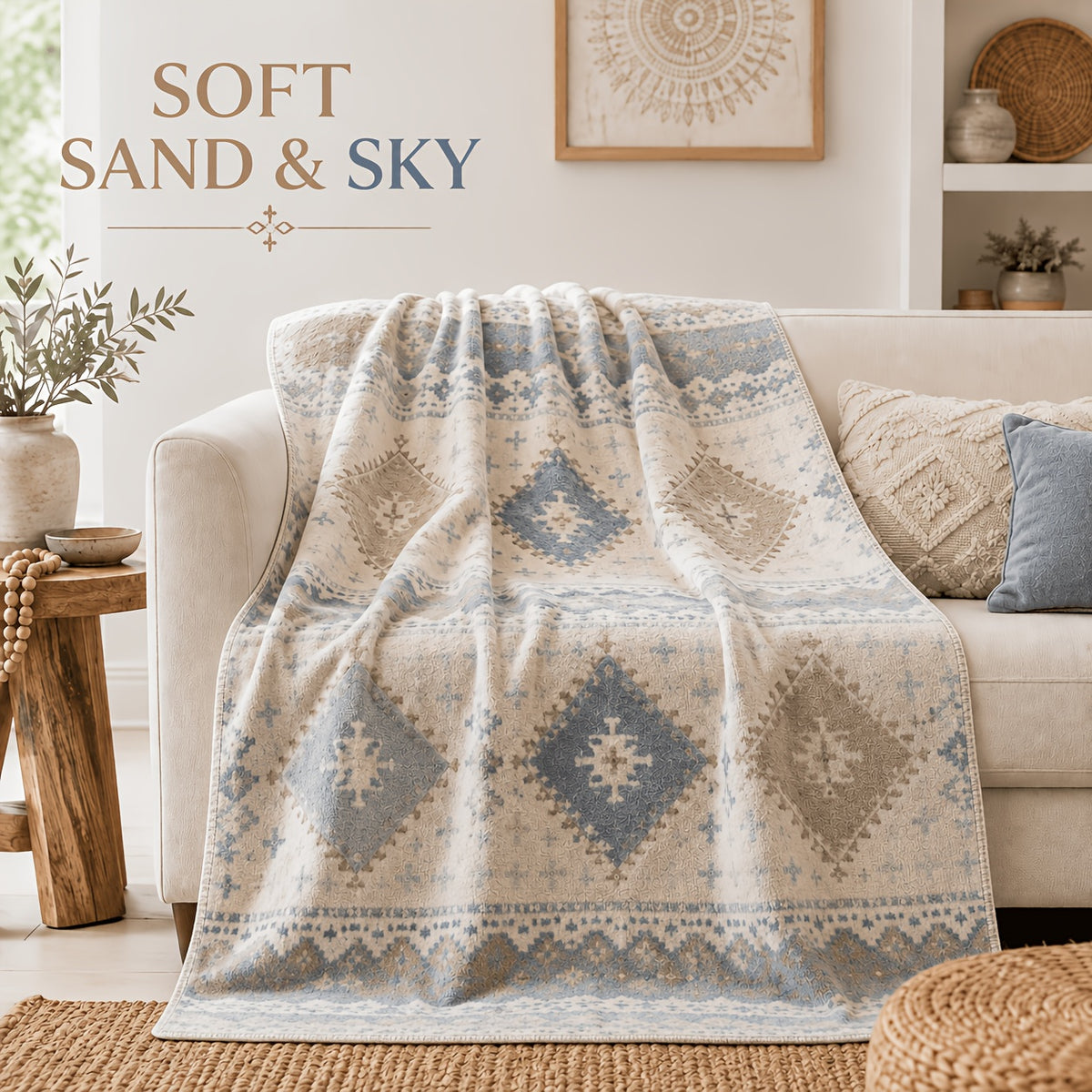 Blanket, Sandy Blue Rhombus Bohemian Flannel Blanket Autumn And Winter Warm Living Room Sofa Blanket Bedroom Blanket Lunch Break Air Conditioner Blanket