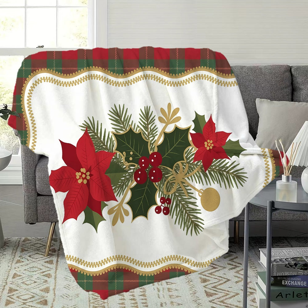 1pc Christmas Floral And Holly Leaf Theme Flannel Blanket, Soft Comfortable Warm, Red Green Golden Design, All-Season Blanket, Warm Cover, Multiple Sizes Available, Suitable for Living Room Sofa, Bedroom, Reading Corner, Leisure Time