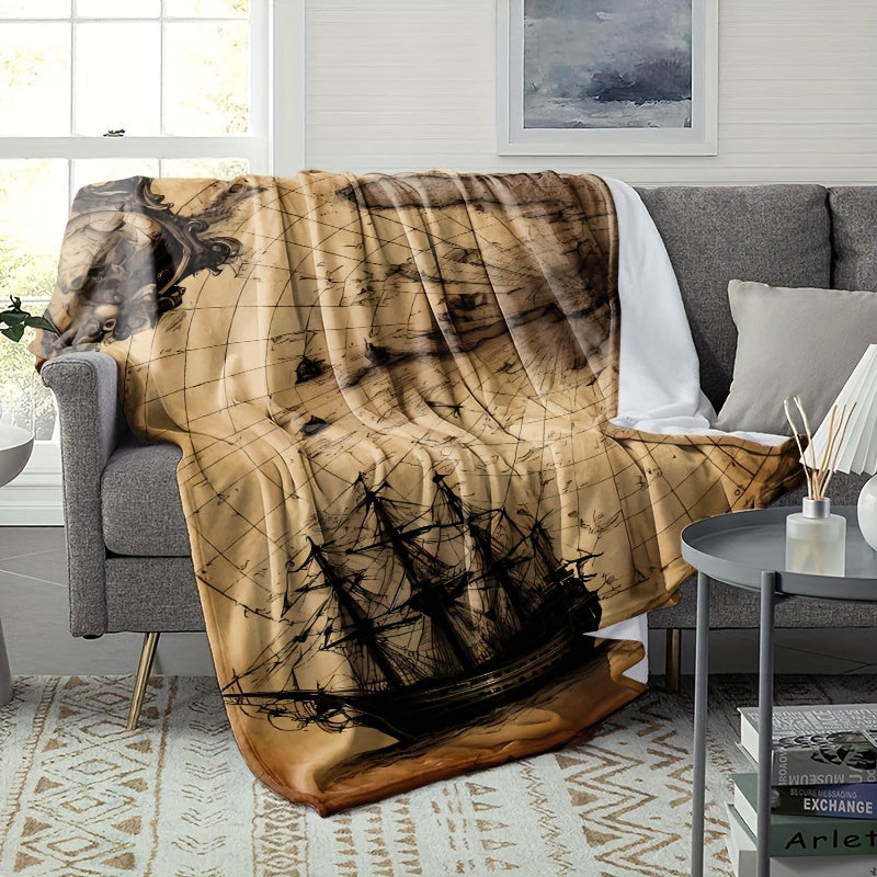 1pc Nautical Ship Map Pattern Flannel Blanket, Gift Blanket for Family and Friends, Nap Blanket, Throw Blanket, Multi-purpose Blanket for Sofa, Camping, and Travel