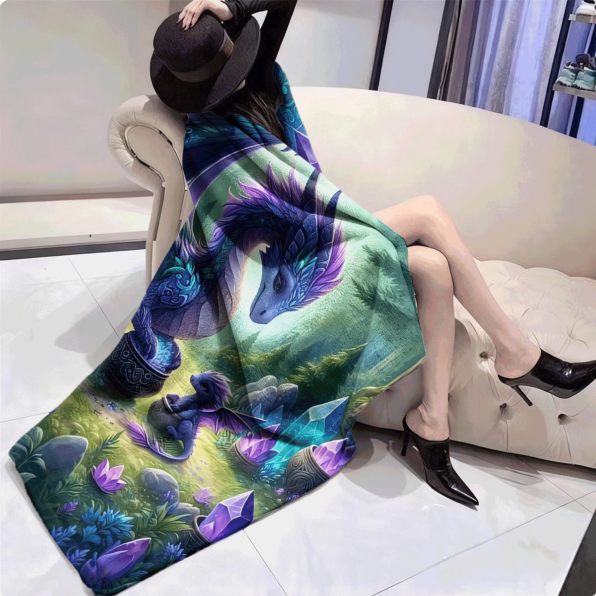 A Single Piece of Flannel Blanket Featuring a Dragon And Youngling Forest Scene, Made of Soft And Warm Polyester, Suitable for Use on a Sofa, in The Office, While Camping