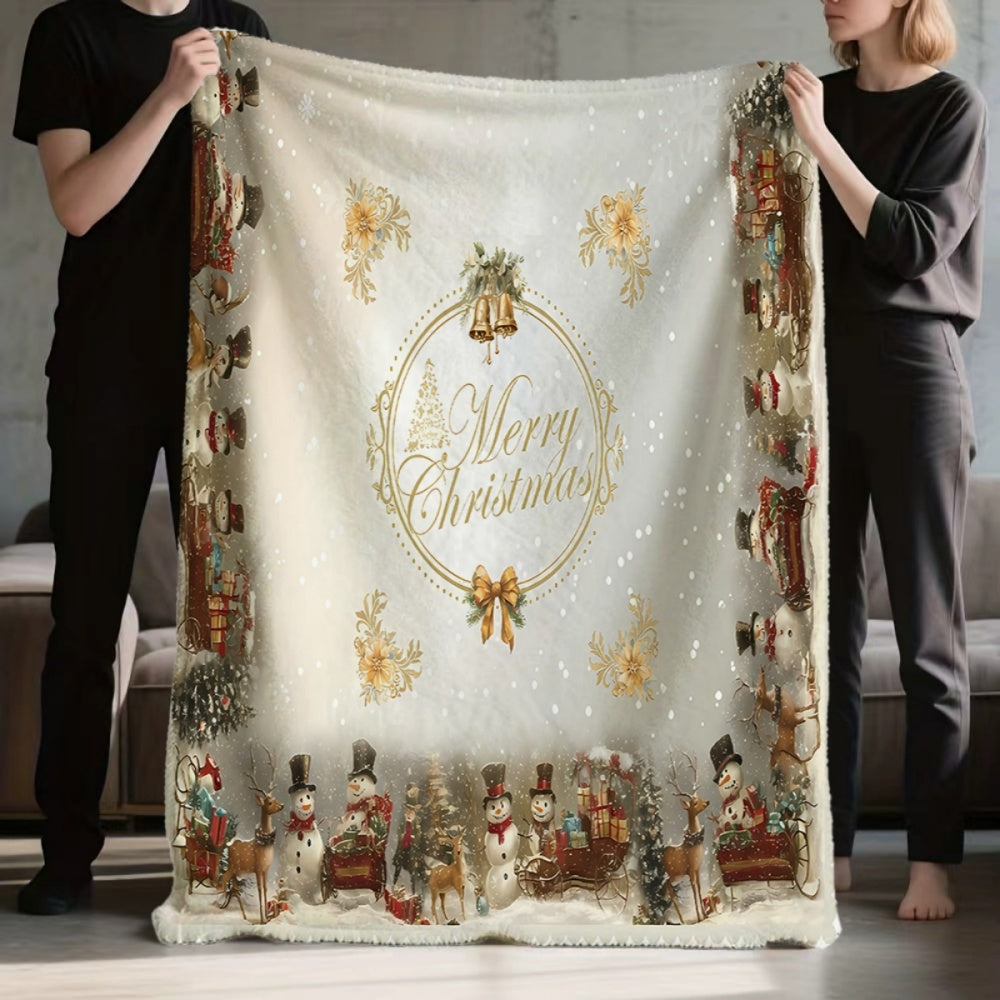 1pc, 1 Christmas Snowman with Bells and Golden Floral Pattern Flannel Blanket, Soft, Comfortable, and Warm, White Romantic Design, Durable Plush Surface, All-season Universal Sofa Blanket, Thermal Throw Blanket, Multiple Sizes Available