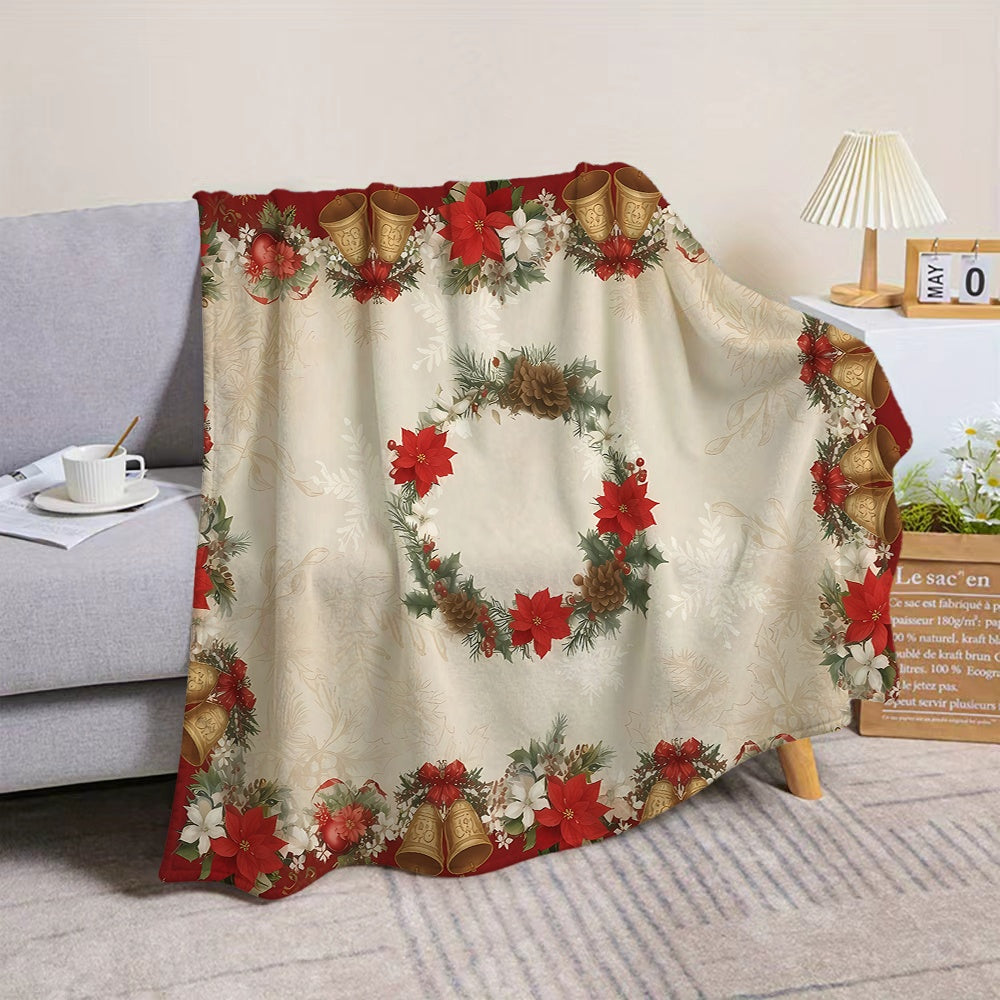 1 Christmas Wreath and Bell Pattern Flannel Blanket, Soft, Comfortable, and Warm, Red and White Design, All-season Universal Sofa Throw, Warm Cover Blanket, Multiple Sizes Available, Suitable for Living Room Sofas, Bedroom, Leisure Reading