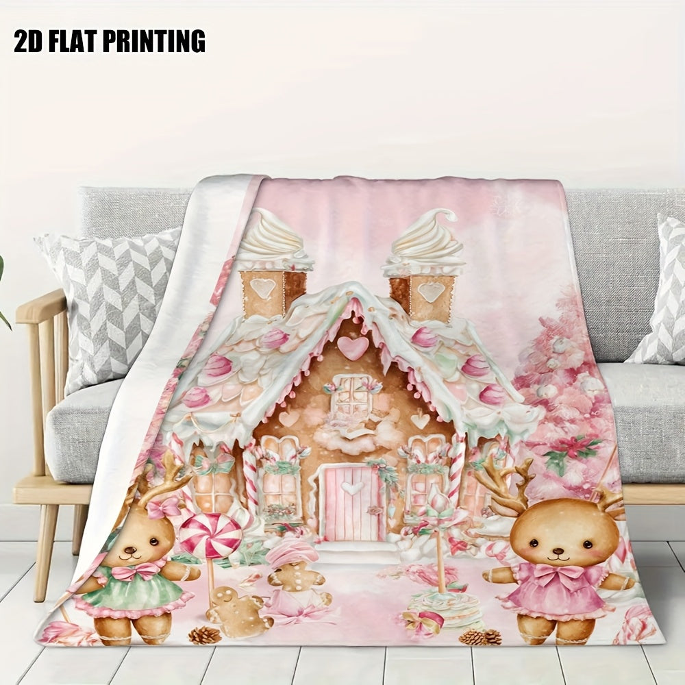 1pc Gingerbread House and Cute Bear Pink Themed Flannel Large Blanket, Christmas Winter Decorative Design, Large Plush Throw Blanket, Suitable for Weekend Sofa Naps, Home Naps, Dorm Life