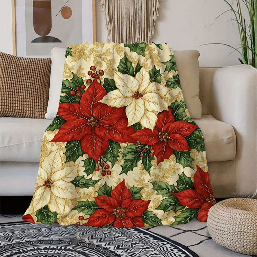 1pc Christmas Red White Golden Border Floral Pattern Flannel Blanket, Christmas Winter Body Blanket, Soft Plush All-Season Use, Suitable for Reading Time, Weekend Sofa Naps, And Dorm Life