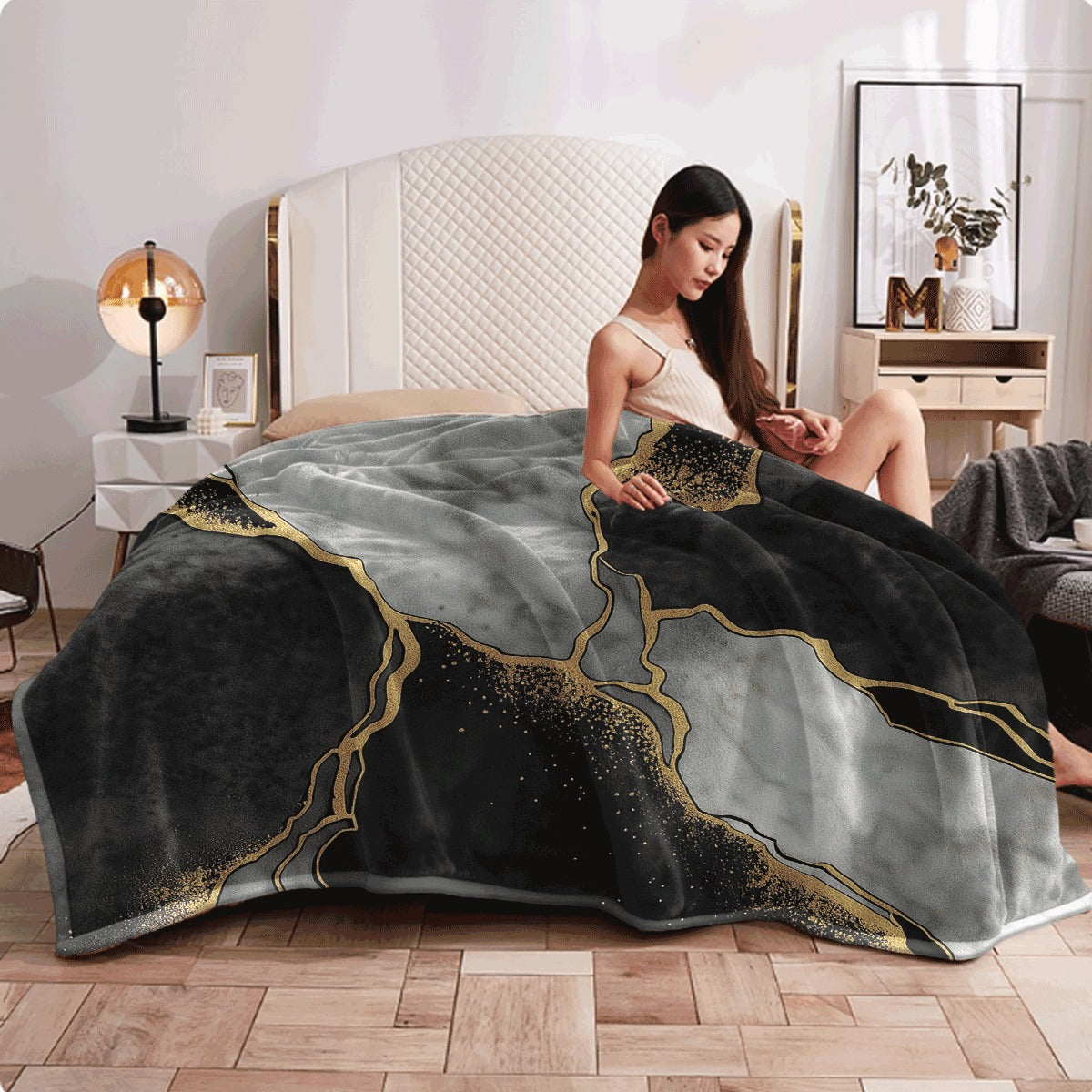 One Luxurious Flannel Blanket Featuring a Black And Gray Marble Design, Made of Soft Polyester. It'S Lightweight And Provides Warmth During Winter, Making It Ideal for Travel And As a Companion for Pets. This Cozy Decor Is Suitable for All Seasons