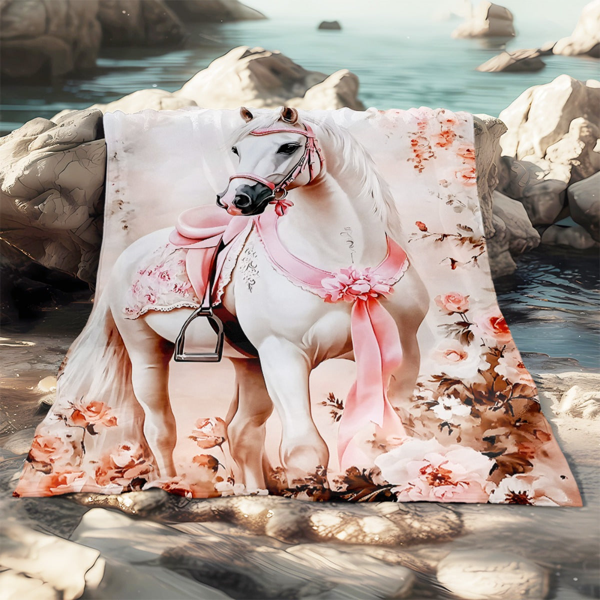 1pc of Pink Floral and White Horse Themed Flannel Blanket, Soft, Comfortable, and Warm, with a Romantic Pink Design and Durable Plush Surface. A Versatile All-season Bed Blanket and Warm Throw, Available in Multiple Sizes. Suitable for Living Room