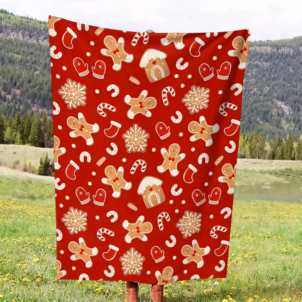 1pc Christmas Gingerbread Print Blanket, Festive Cozy Throw Blanket, Super Warm Soft and Comfortable Flannel Blanket, Multiple Sizes Available, Suitable for Living Room, Bedroom, Sofa, Bedside