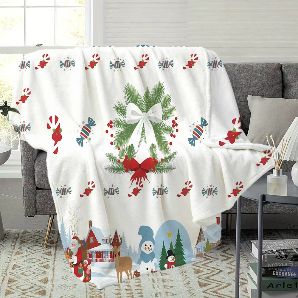 1pc Christmas Holiday-themed Flannel Blanket with Pine Branch Wreath and Snowscape Pattern, Soft, Comfortable, and Warm, White Design, All-season Universal Sofa Throw, Warm Lap Blanket, Multiple Sizes Available, Suitable for Living Room Sofas