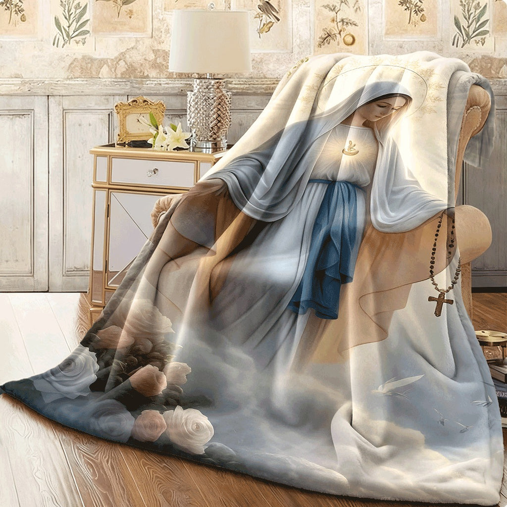1pc Virgin Mary & -like Religious Flannel Blanket Bohemian Style Soft Quilted All-Season Spread HD Print Catholic Icon Design for Prayer Sofa Hand Wash Only (White Blue Golden) Sp
