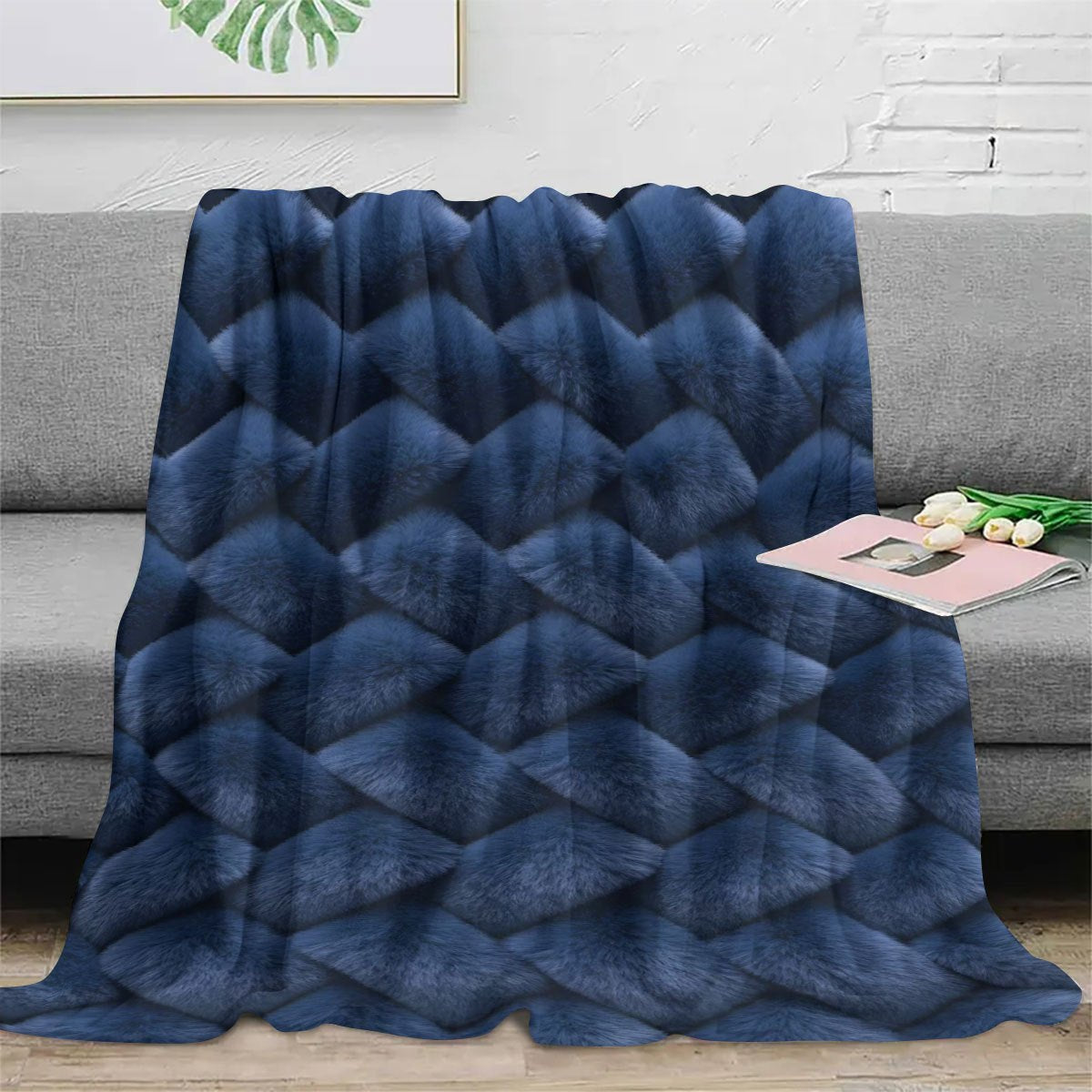 1pc 2D Printed Fleece Blue Diamond Pattern Blanket, Faux Fur Print Design - Soft, Warm, And Comfortable, Lightweight And Durable, Multiple Sizes Available, Ideal for Holiday Gatherings, Living Room, Bedroom, Office, All-Season Versatile Gift
