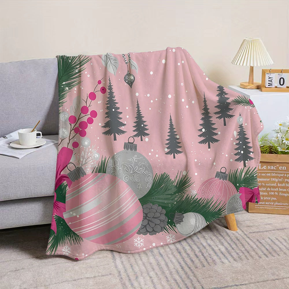 1pc Christmas Pine Tree And Ball Pattern Pink Flannel Blanket, Soft Comfortable Warm, Winter Design, All-Season Sofa Blanket, Warm Cover, Multiple Sizes Available, Suitable for Living Room Sofa, Bedroom, Reading Corner, Leisure Time