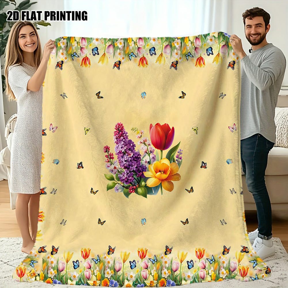 1pc Floral Butterfly Patterned Blanket, Spring Style Design, Soft Plush Surface, Flannel Material Lightweight And Durable, Multiple Sizes Available, Ideal for Holiday Gatherings, Living Room Leisure, Bedroom Sleep, Study Reading, Seasonal Home Decor