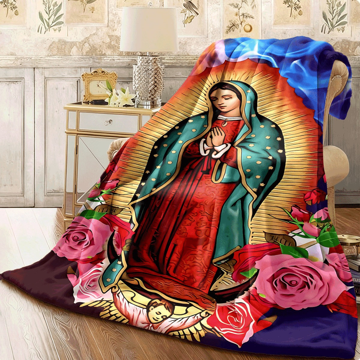 1pc Cozy Flannel Blanket with Our Lady of Guadalupe Print Surrounded by Roses, Vibrant Blue Orange Flame Background, Soft Warm Throw for Home Decoration
